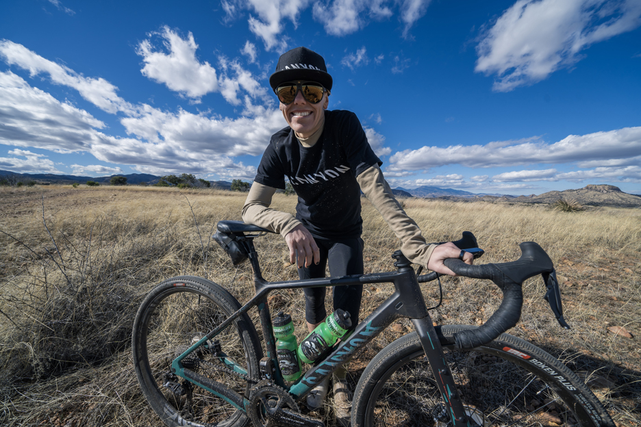 SHIMANO Gravel ambassador Heather Jackson standing with her Gravel bike