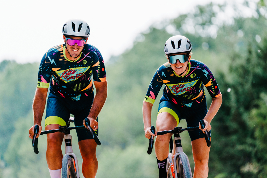 Shimano athlete's whitney and Zac Allison riding thier GRX Evne Mog gravel bikes wearing Lazer helmets