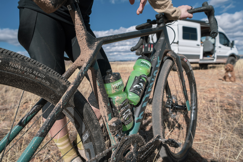 mud caked onto the back of a Canyon Gravel bike 