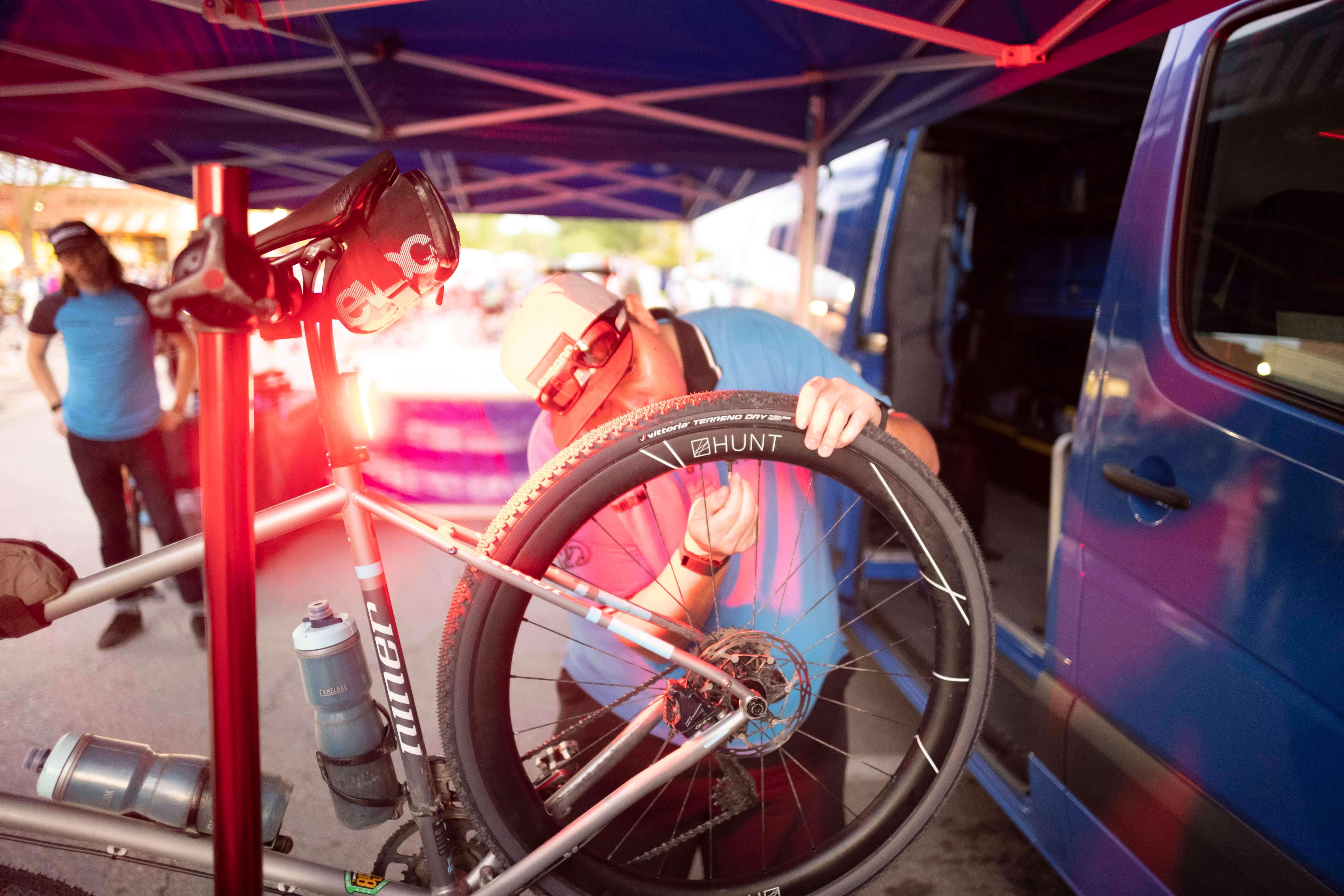 Shimano Multi Service fixing a racers bike at Unbound gravel race
