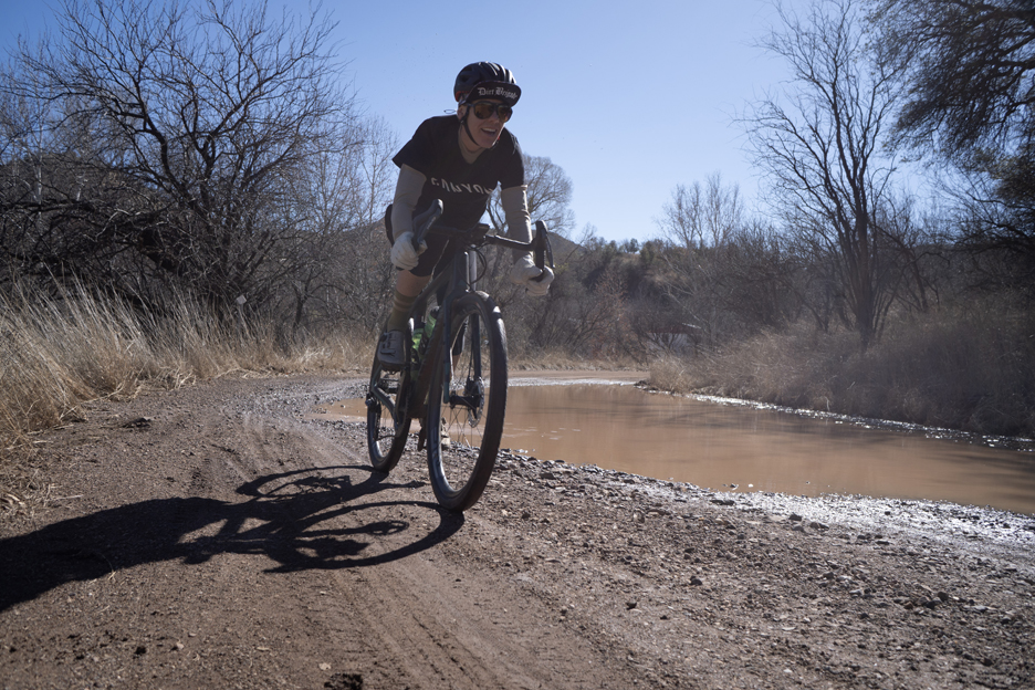 Heather Jackson riding her Canyon Grizl gravel bike with SHIMANO GRX Di2